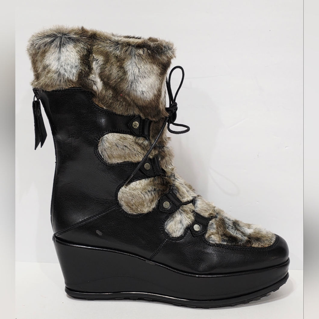 Stuart Weitzman Kw23060 Black Leather Faux Fur Wedge Boot Zipper Lace 8.5 M New